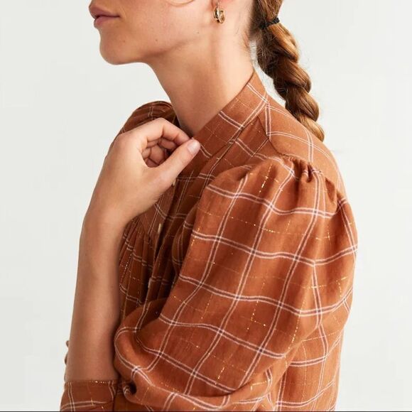 MANGO ORGANIC COTTON BLOUSE BROWN TAN CHECK PRINT GOLD METALLIC THREAD NWT SMALL - Picture 8 of 16